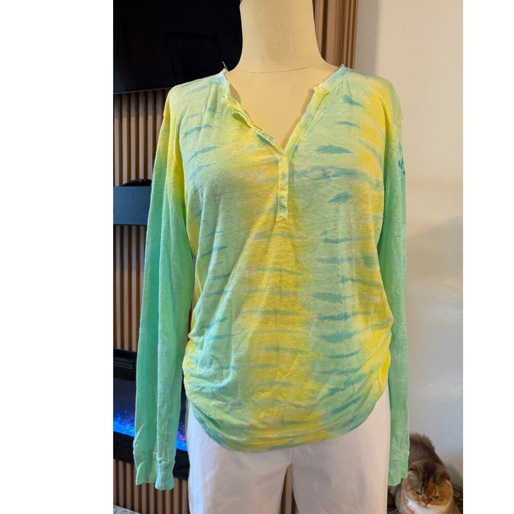YFB Young Fabulous & Broke Women’s Medium Linen Tie Dye Henley Top Green Yellow